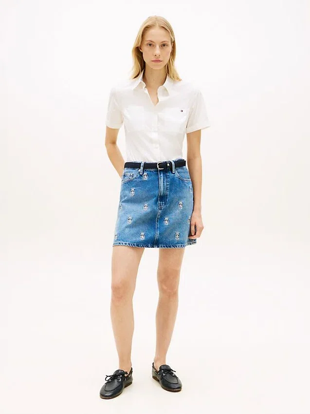 Allover Crest High-Rise Denim Mini Skirt Allover Crest High-Rise Denim Mini Skirt
