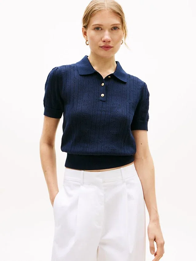 Allover Flag Logo Pointelle Sweater Polo Allover Flag Logo Pointelle Sweater Polo