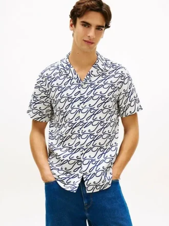 Allover Script Monogram Linen Camp Shirt