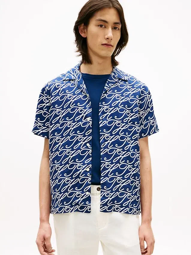 Allover Script Monogram Linen Camp Shirt Allover Script Monogram Linen Camp Shirt