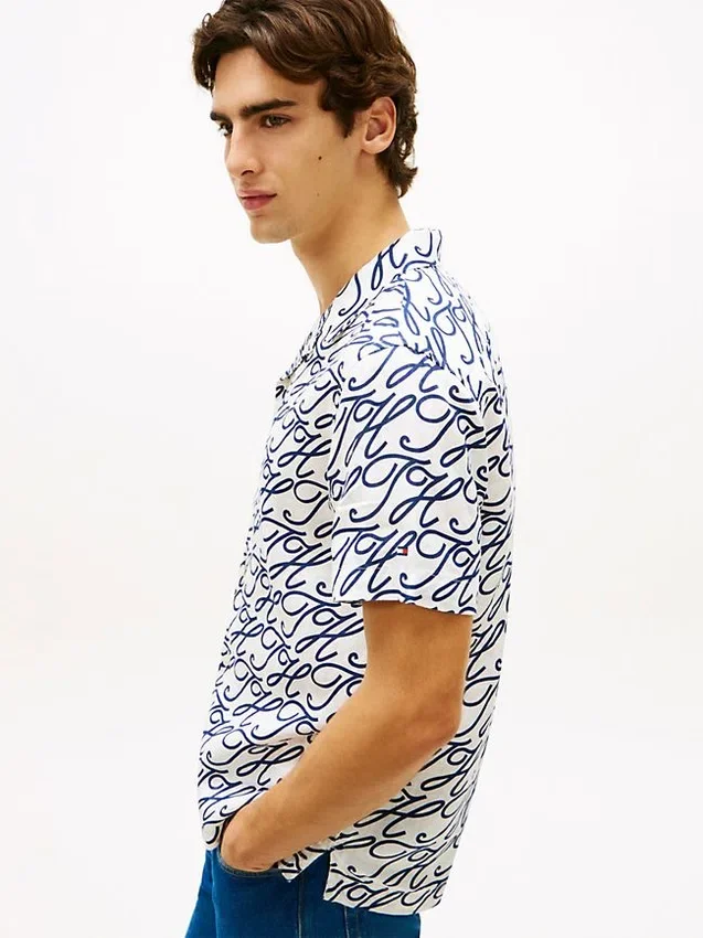 Allover Script Monogram Linen Camp Shirt Allover Script Monogram Linen Camp Shirt