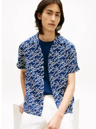 Allover Script Monogram Linen Camp Shirt