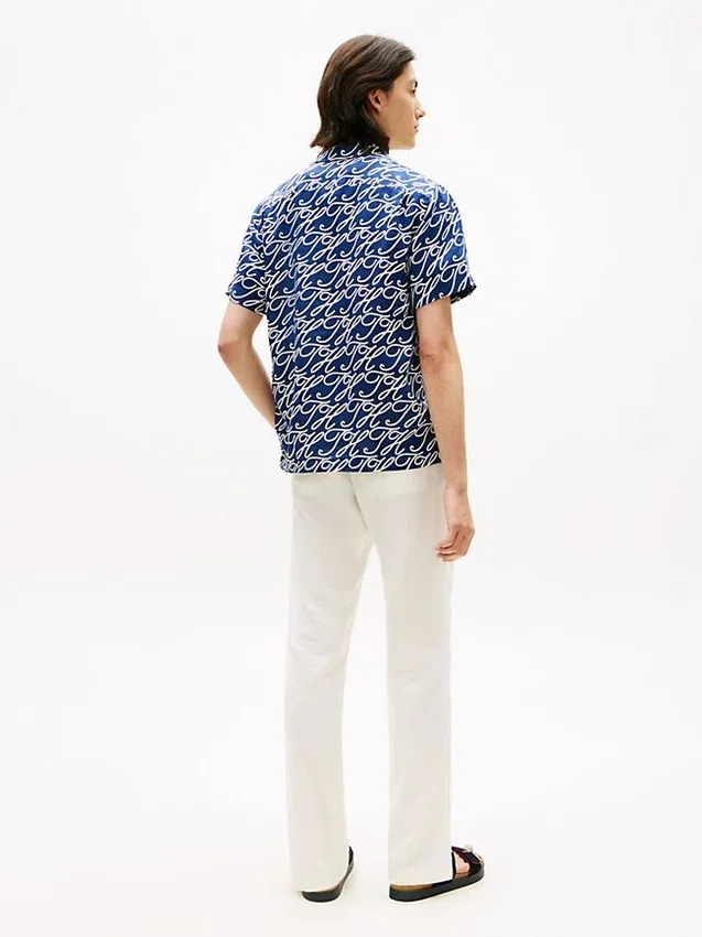 Allover Script Monogram Linen Camp Shirt Allover Script Monogram Linen Camp Shirt