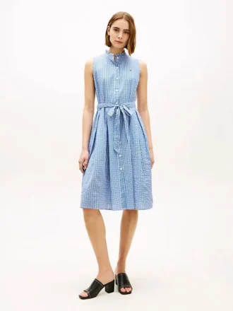 Belted Gingham Seersucker Midi Dress