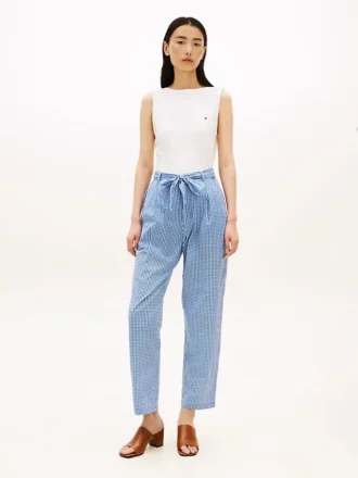 Belted Gingham Seersucker Tapered Pant