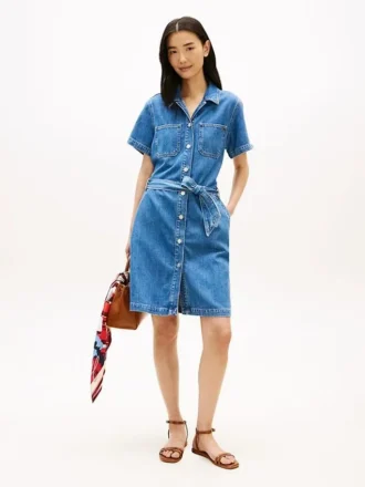Belted Medium-Wash Denim Shirtdress