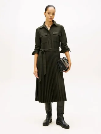 Belted Pleated Twill Shirtdress
