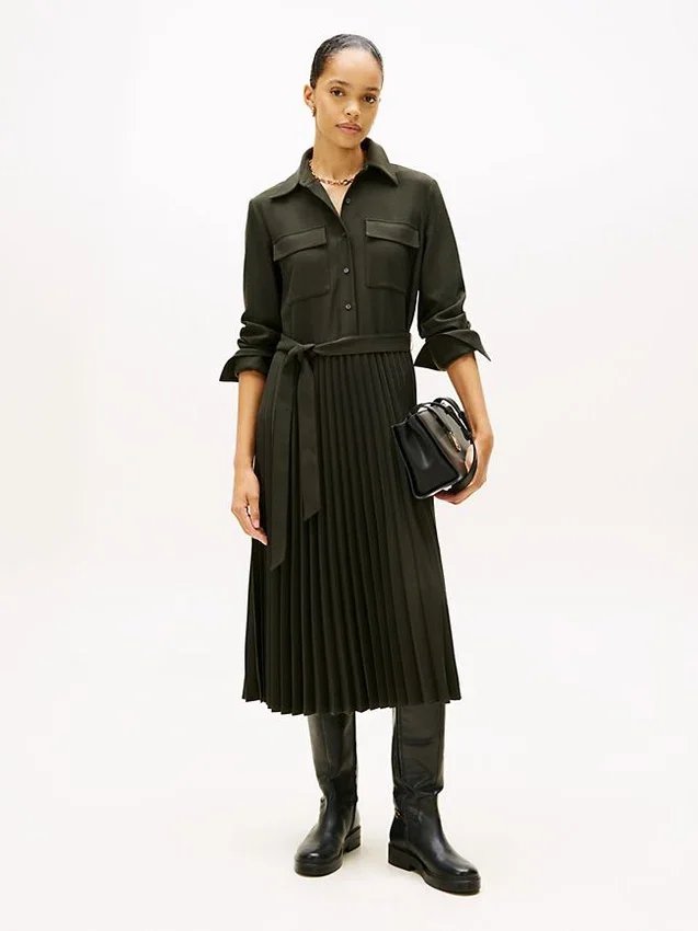 Belted Pleated Twill Shirtdress Belted Pleated Twill Shirtdress