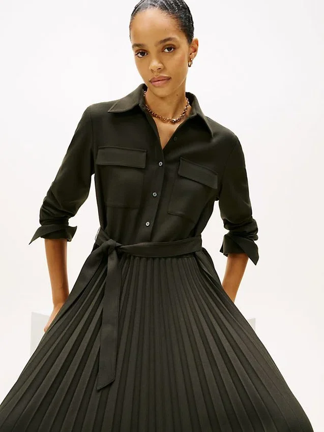 Belted Pleated Twill Shirtdress Belted Pleated Twill Shirtdress