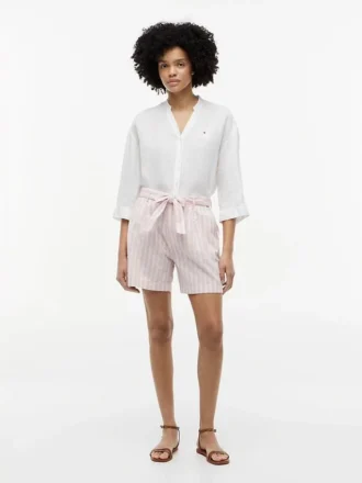 Belted Striped Linen-Blend Short