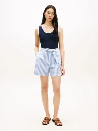 Belted Striped Linen-Blend Short