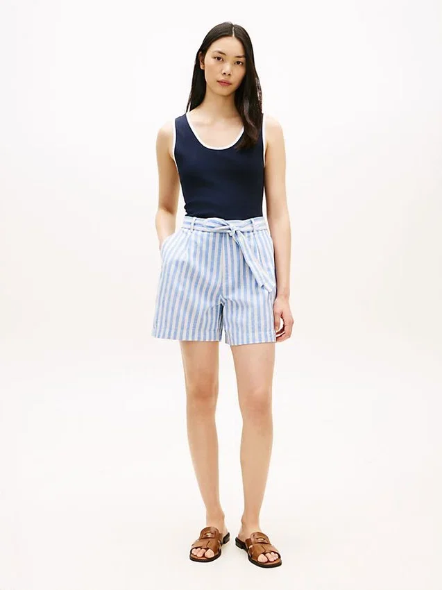 Belted Striped Linen-Blend Short Belted Striped Linen-Blend Short