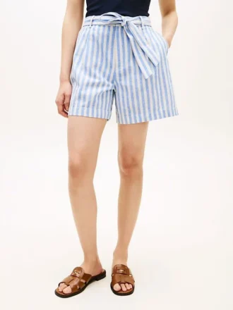 Belted Striped Linen-Blend Short