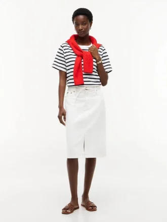Belted White Denim Skirt