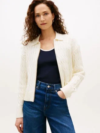 Boxy Fit Cable Knit Zip Cardigan