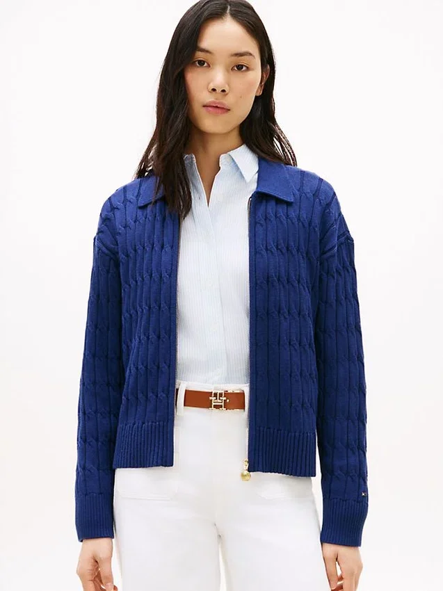 Boxy Fit Cable Knit Zip Cardigan Boxy Fit Cable Knit Zip Cardigan