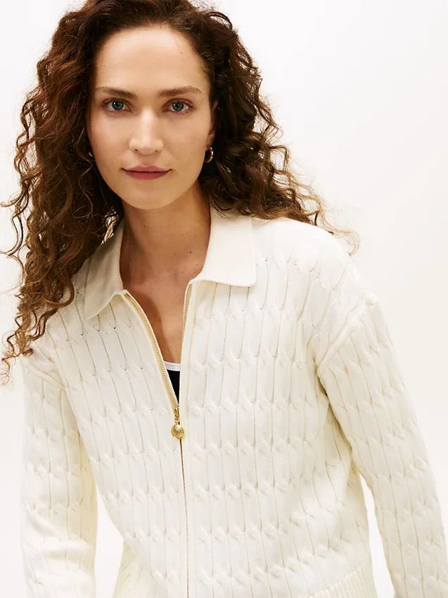 Boxy Fit Cable Knit Zip Cardigan Boxy Fit Cable Knit Zip Cardigan