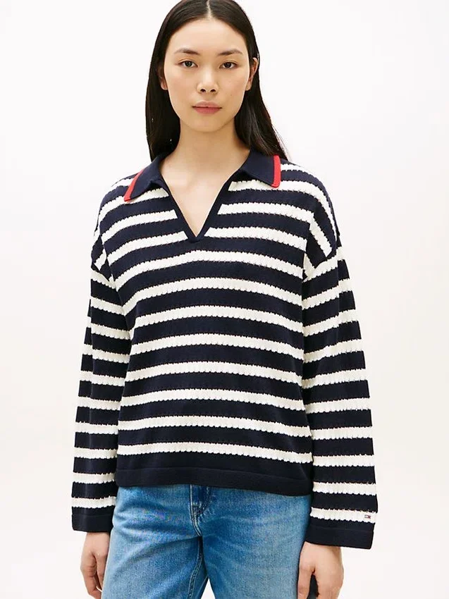 Breton Stripe Pointelle Sweater Polo Breton Stripe Pointelle Sweater Polo