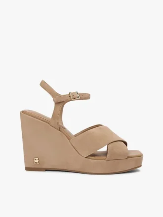 Crossed-Strap Suede Wedge Sandal