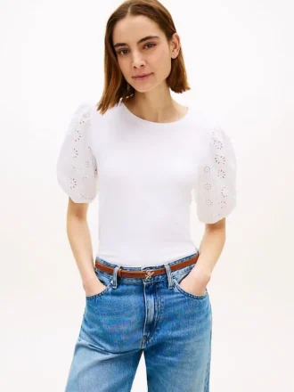Embroidered Eyelet Mixed-Media Top