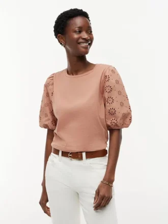Embroidered Eyelet Mixed-Media Top