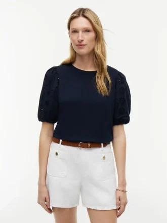 Embroidered Eyelet Mixed-Media Top
