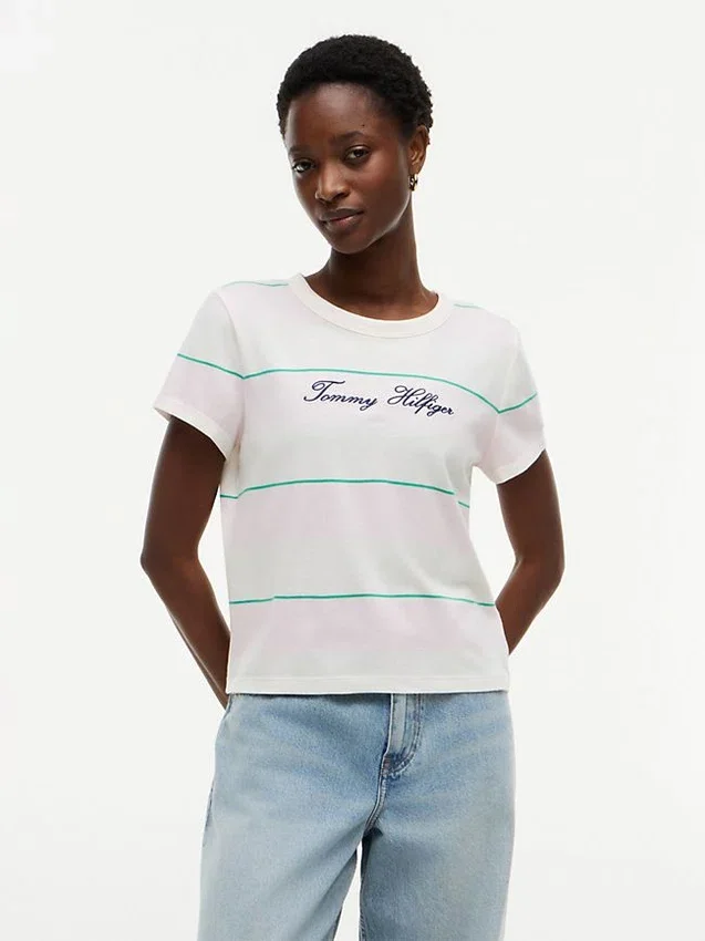 Embroidered Script Logo Striped T-Shirt Embroidered Script Logo Striped T-Shirt