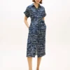 Flag Print Belted Linen Midi Shirtdress
