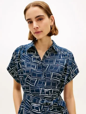 Flag Print Belted Linen Midi Shirtdress