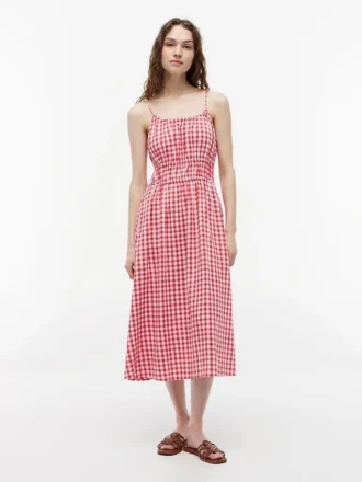 Gingham Shirred Linen-Blend Midi Dress