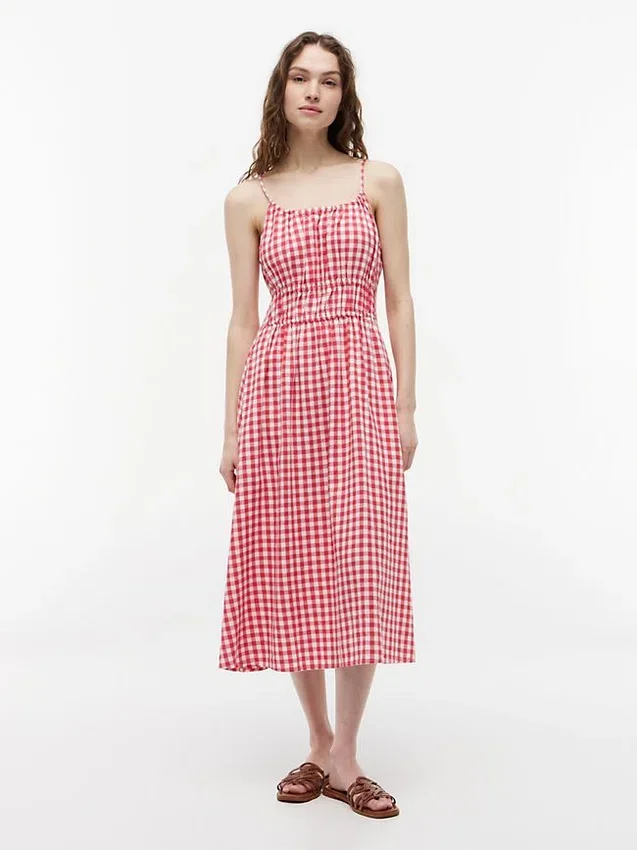 Gingham Shirred Linen-Blend Midi Dress Gingham Shirred Linen-Blend Midi Dress