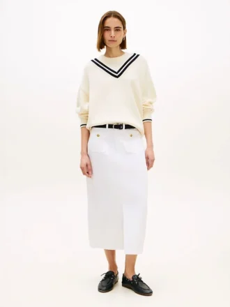 Gold-Button Pocket Denim Midi Skirt