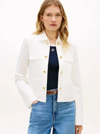 Gold-Button Ponte Multi-Pocket Jacket