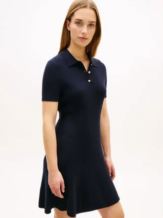 Gold-Button Rib Knit Polo Mini Dress