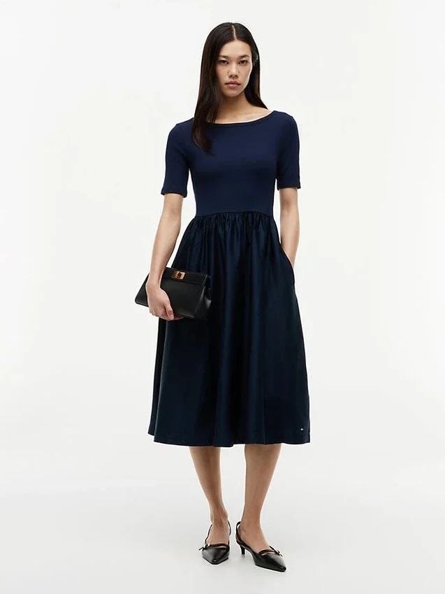 Half-Sleeve Mixed-Media Midi Dress Half-Sleeve Mixed-Media Midi Dress