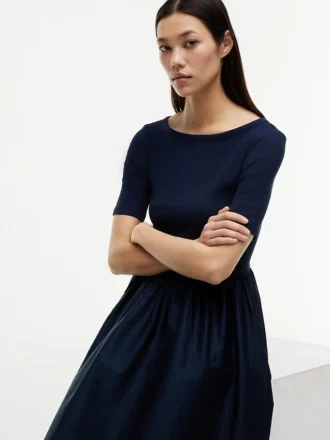 Half-Sleeve Mixed-Media Midi Dress