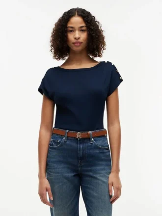 Nautical Gold-Button Boatneck T-Shirt