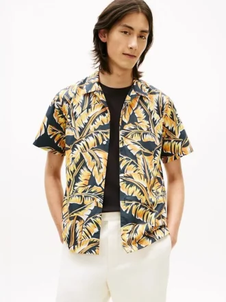Palm Leaf Print Paper-Touch Camp Shirt