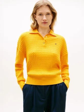 Relaxed Fit Cable Knit Sweater Polo