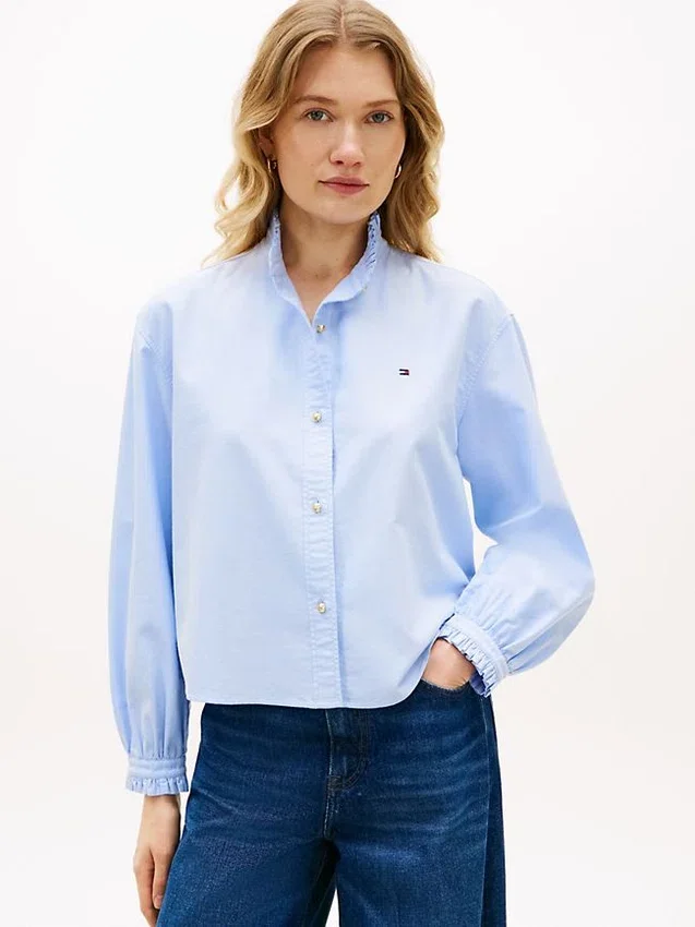 Ruffle Trim Cropped Oxford Shirt Ruffle Trim Cropped Oxford Shirt