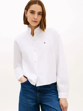 Ruffle Trim Cropped Oxford Shirt