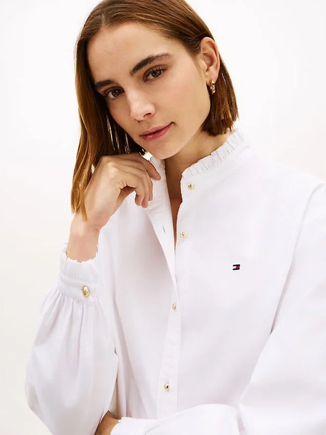 Ruffle Trim Cropped Oxford Shirt Ruffle Trim Cropped Oxford Shirt
