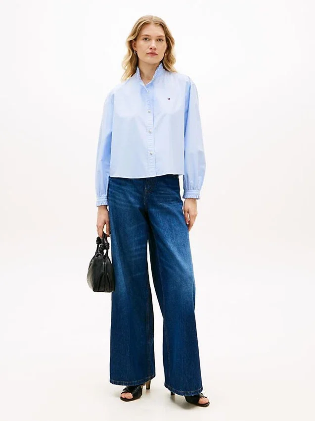 Ruffle Trim Cropped Oxford Shirt Ruffle Trim Cropped Oxford Shirt