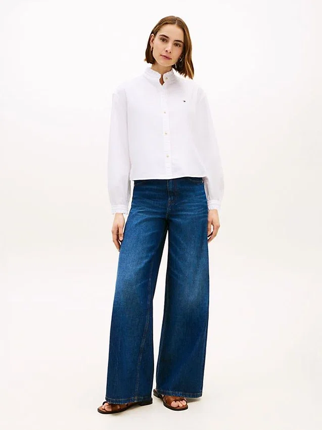 Ruffle Trim Cropped Oxford Shirt Ruffle Trim Cropped Oxford Shirt