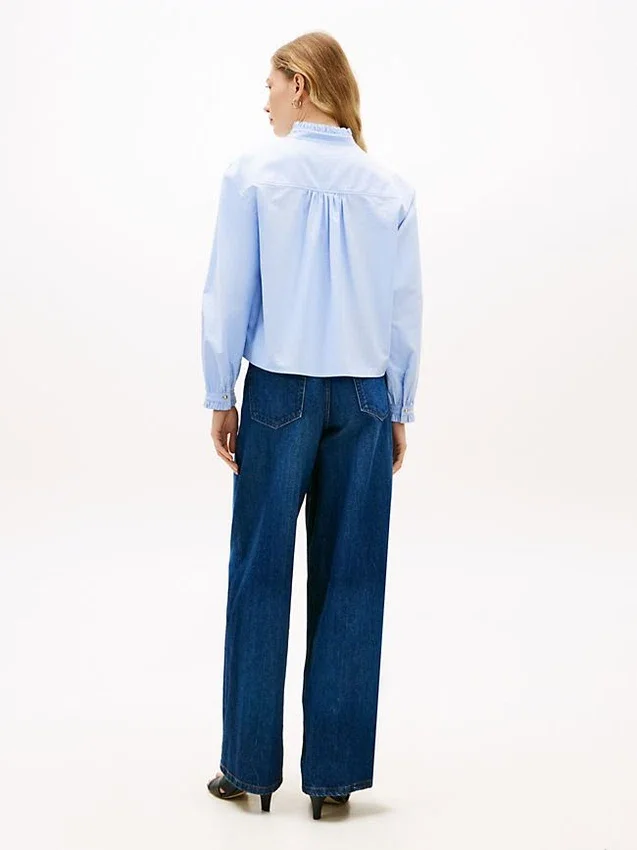 Ruffle Trim Cropped Oxford Shirt Ruffle Trim Cropped Oxford Shirt