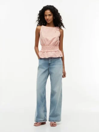 Shirred Gingham Seersucker Tank Top
