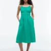 Shirred Linen-Blend Midi Dress