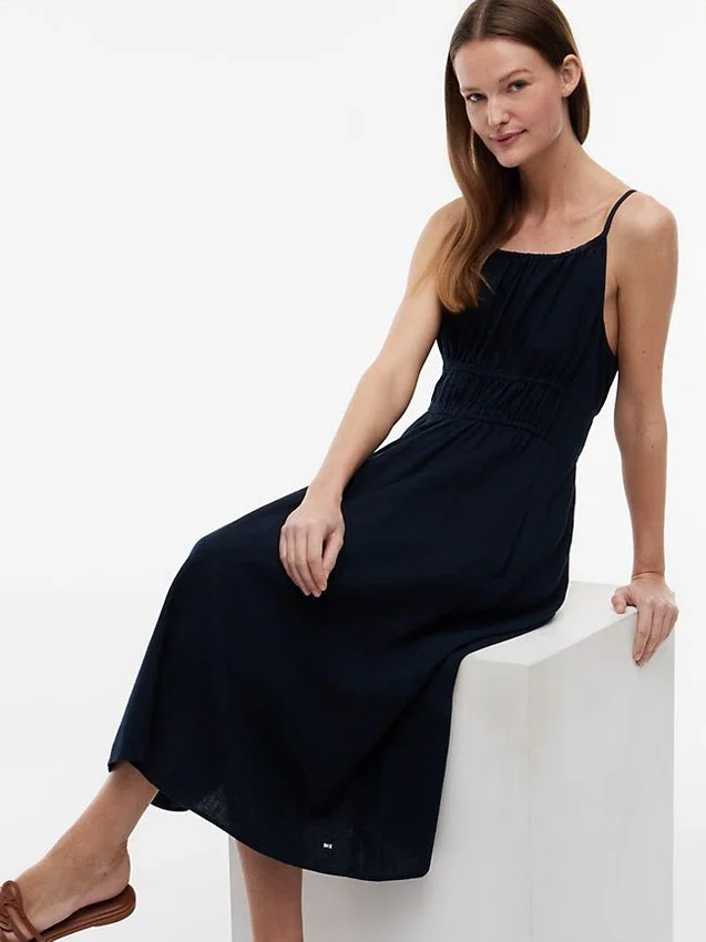 Shirred Linen-Blend Midi Dress Shirred Linen-Blend Midi Dress