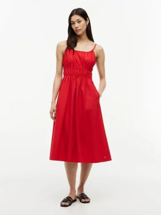 Shirred Poplin Midi Dress