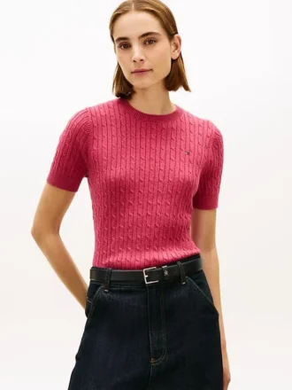 Short-Sleeve Cable Knit Sweater